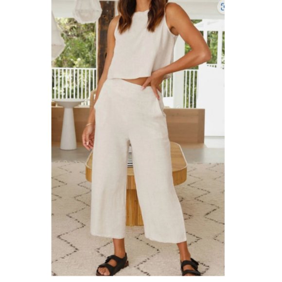 Pants - Cream Linen Tank Top Pants Set